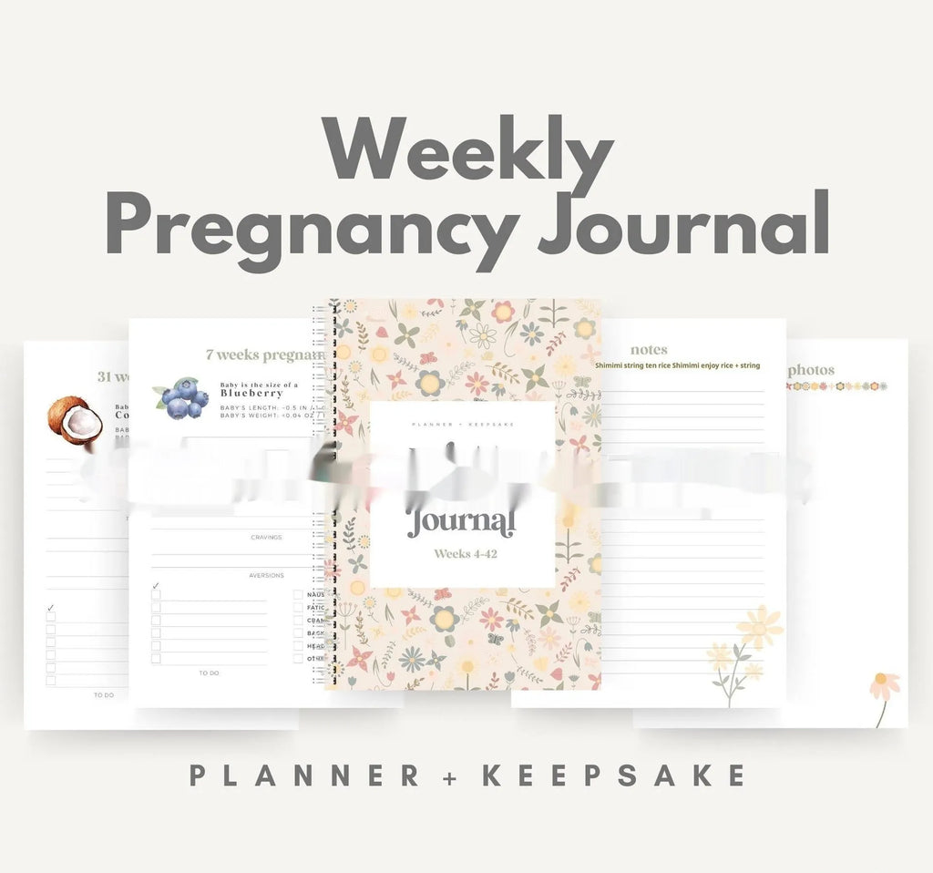 A5 pregnancy weekly diary notebook open showing weekly pregnancy tracking pages