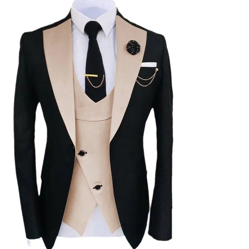 Men's slim fit cotton three-piece business suit with vest for formal occasions.