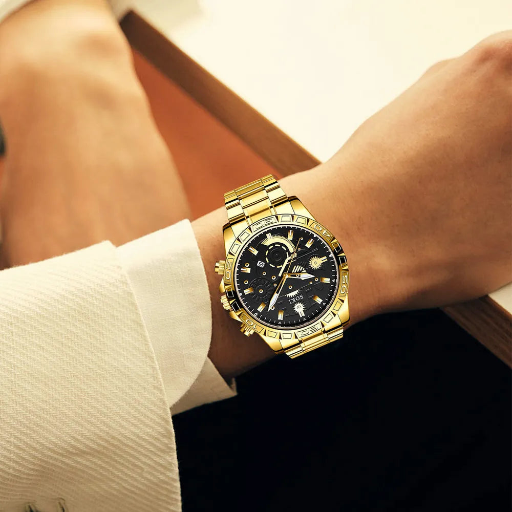 Gold men's business watch with stainless steel strap showing spiral crown and single folding buckle