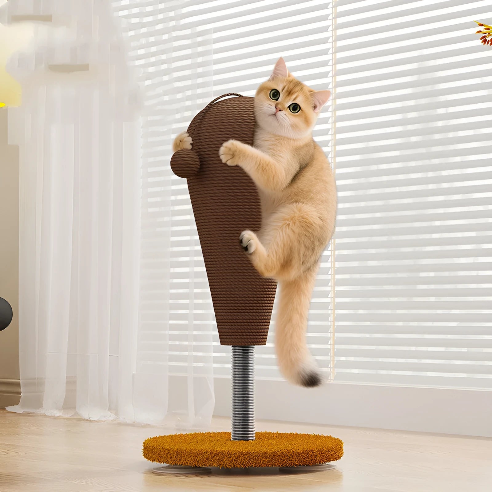 Hemp rope cat scratching board with anti-scratch design and self-hi relieving tumbler feature