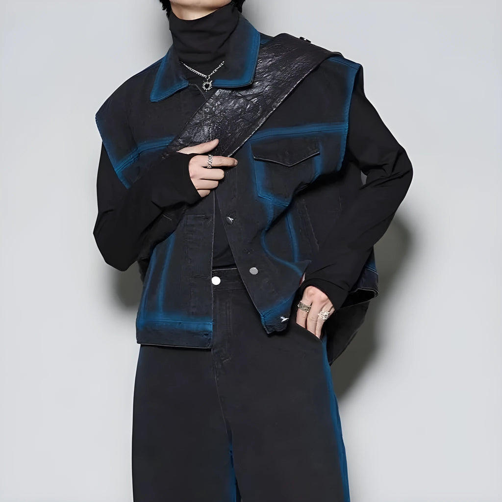 Blue distressed fleece-lined jeans suit set with colour gradient spray design