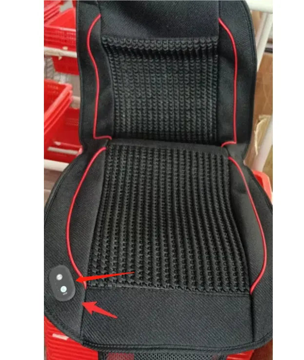 Black car ventilation seat cushion with massage function showing 60x60cm dimensions on vehicle seat