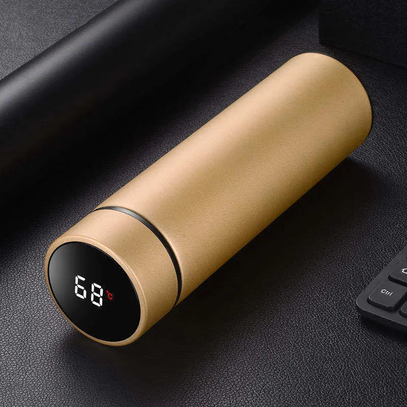 Black stainless steel water bottle with double wall vacuum insulation and arrow mouth, 450ml capacity.
