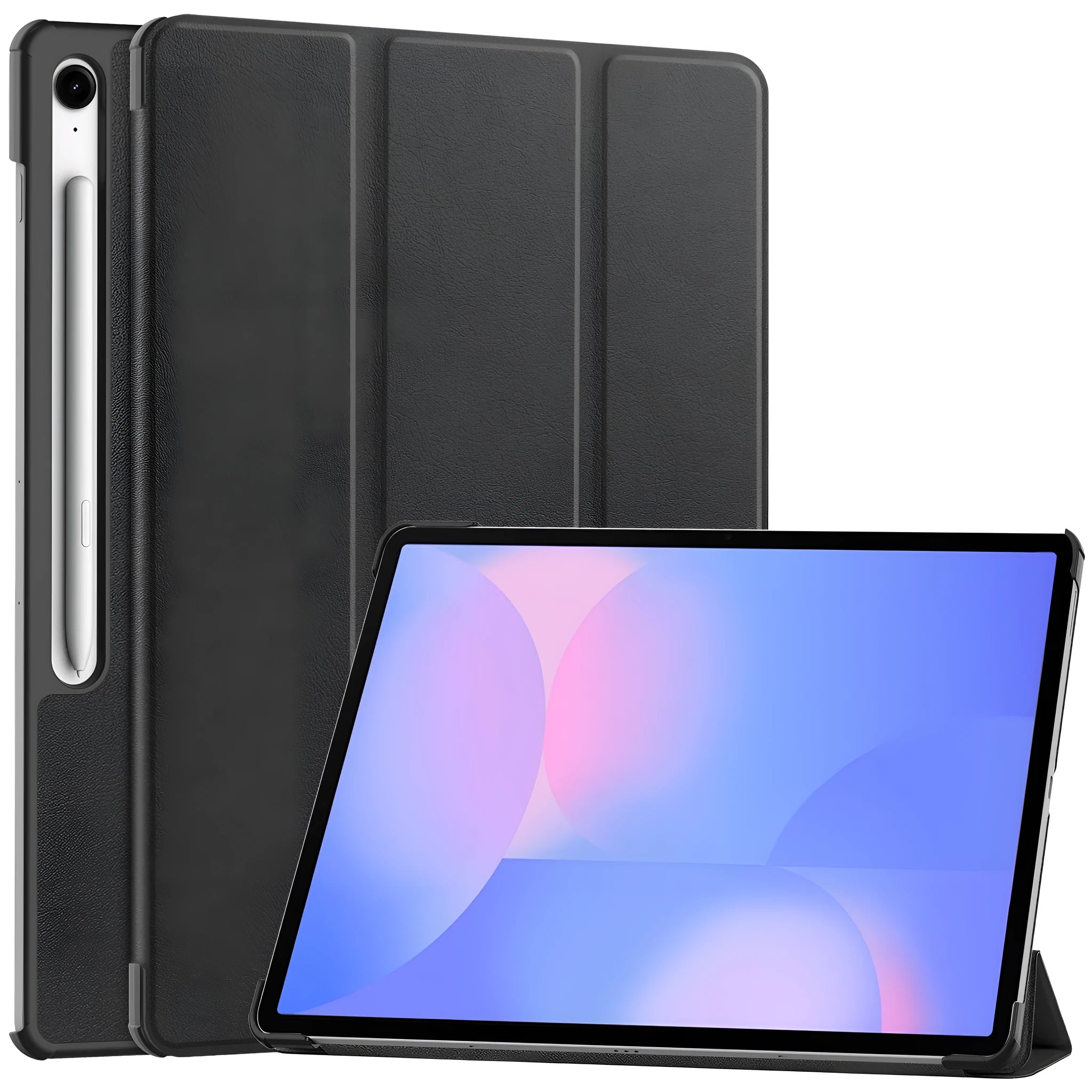 Samsung Tab S10 FE Plus tablet in a tri-fold black leather case with built-in stand open for viewing.