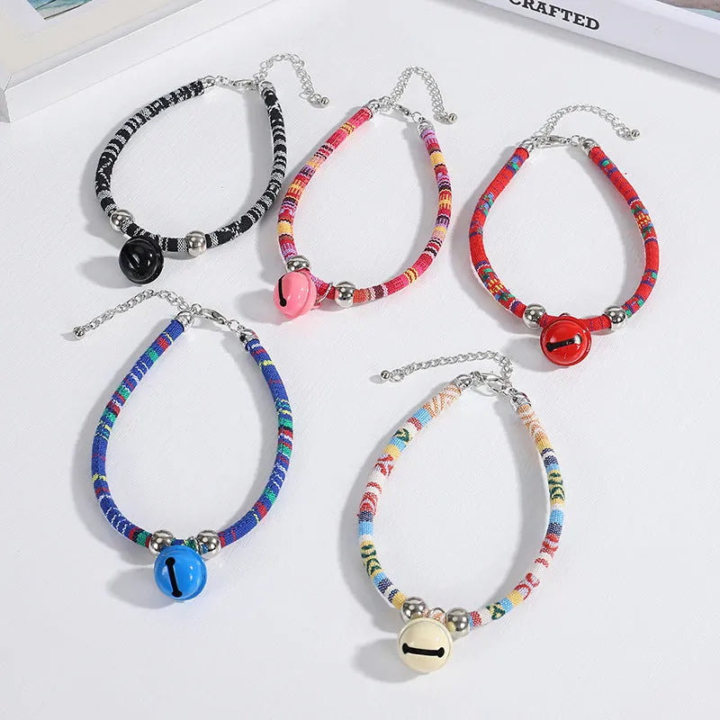 Ethnic style adjustable pet collar with bell in various colours for cats and small dogs