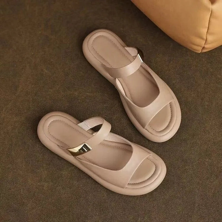 Apricot and white French style peep toe platform sandals with leather uppers and rubber soles