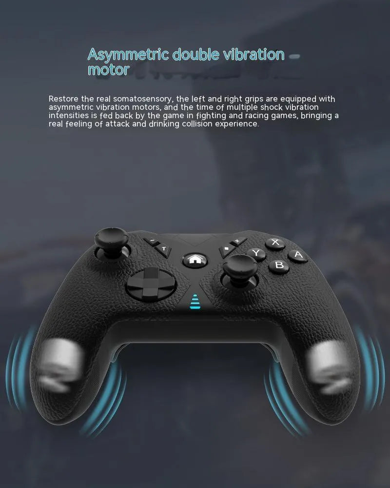Black wireless Bluetooth gaming controller with leather-pattern texture on grips for Nintendo, PC and phone.