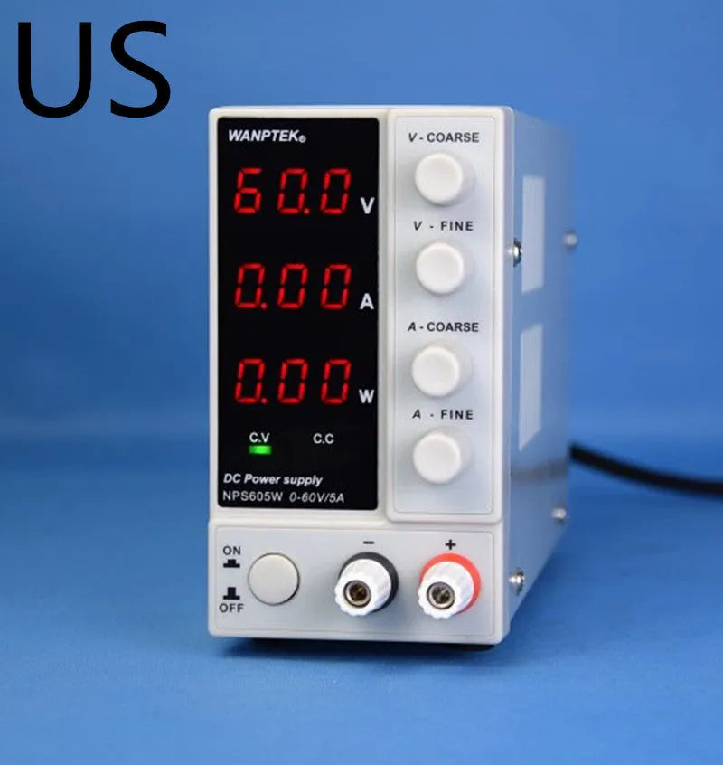 White NPS605W adjustable DC bench power supply with digital displays for voltage and current settings.