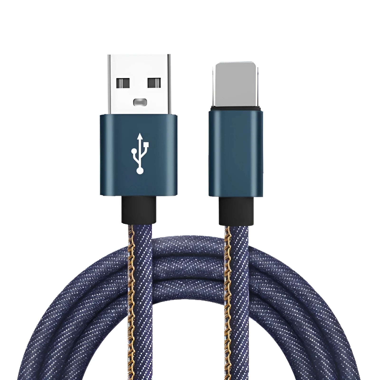 USB Type-C charging cable with blue denim fabric sleeve and aluminium connector.