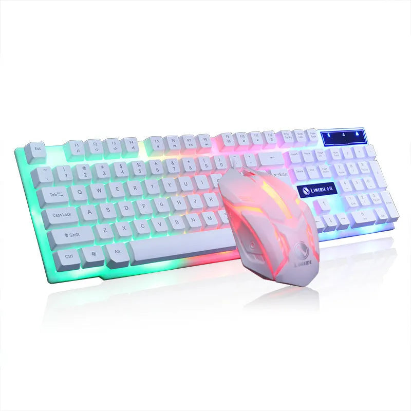 Limei GTX300 white and black gaming keyboard and mouse set with backlit keys on a desk