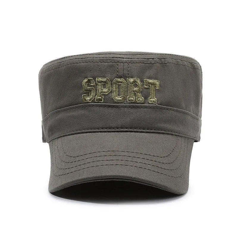 Men's adjustable cotton peaked cap in dome crown style with English letter detailing.