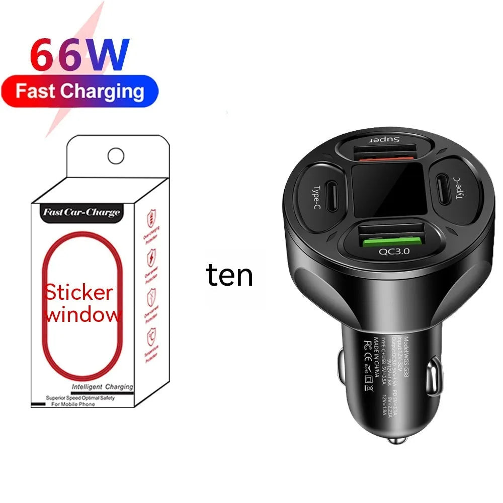 Black 66W digital display car charger with two USB ports and two Type-C ports.