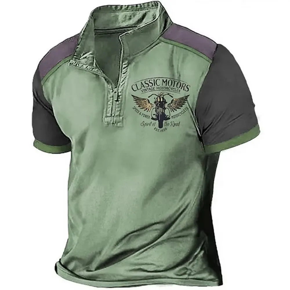 Men's solid colour loose fit golf polo shirt made from bird eye cloth, showing digital print detail.