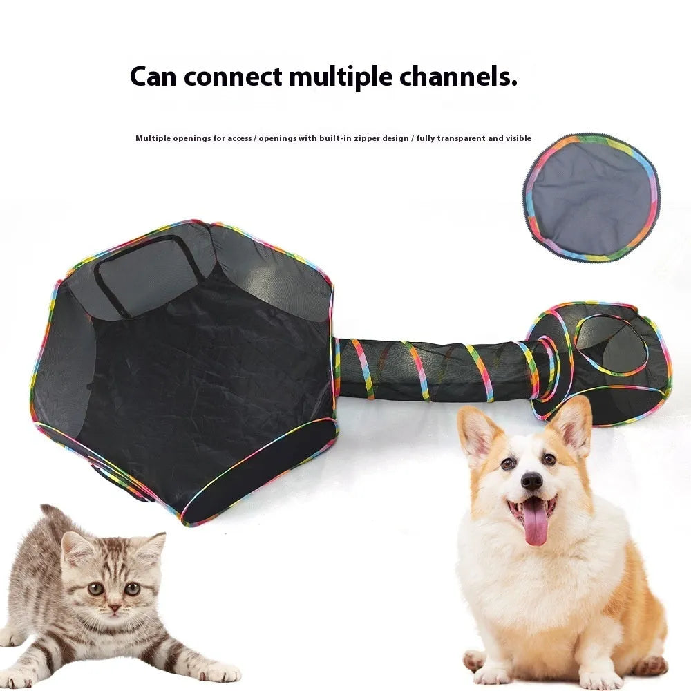 Foldable mesh cat play tunnel in multiple shapes including hexagonal, long straight, tee, tent and square designs