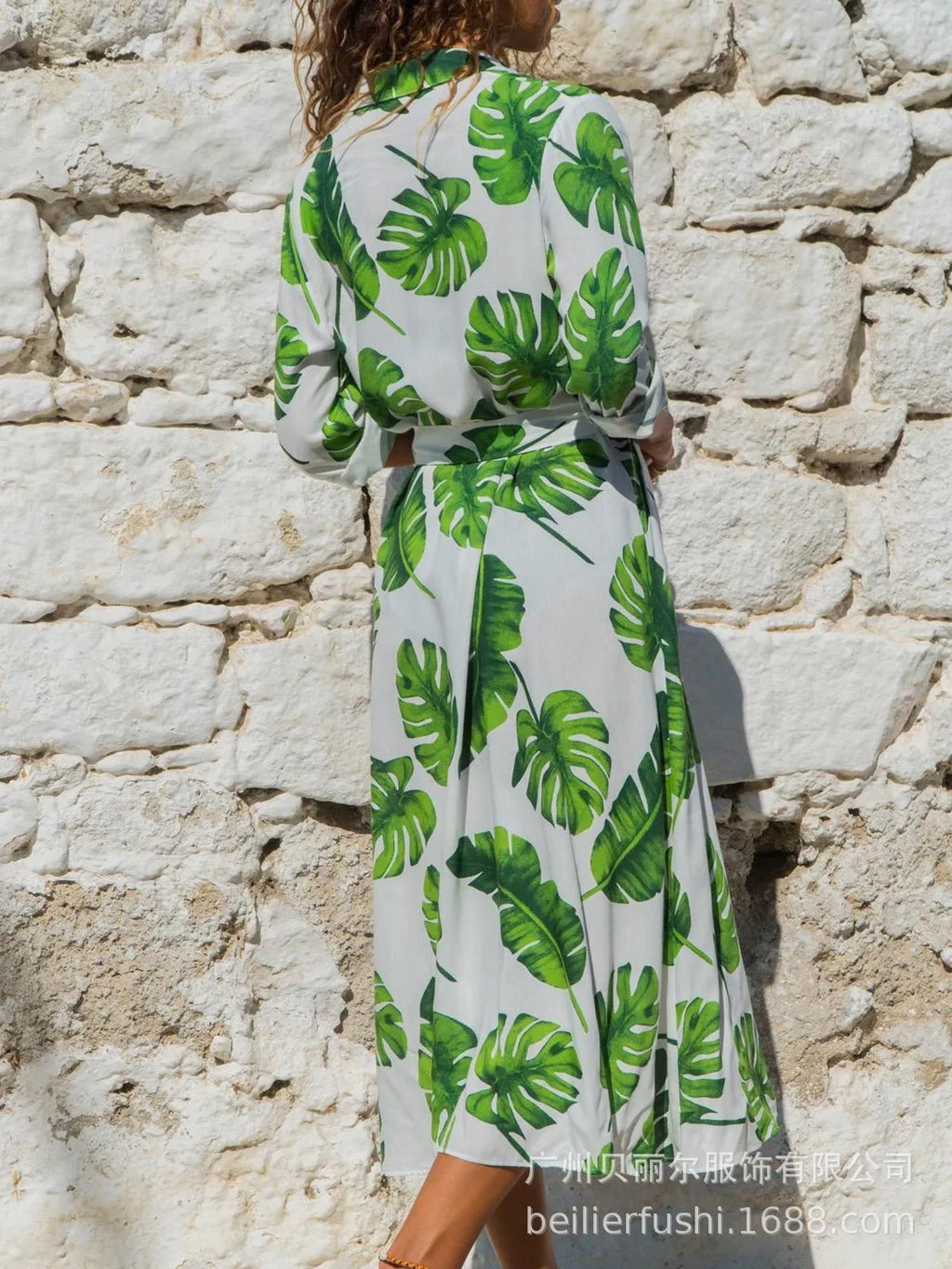Printed chiffon dress with V-neck collar and conventional sleeves in A-line silhouette
