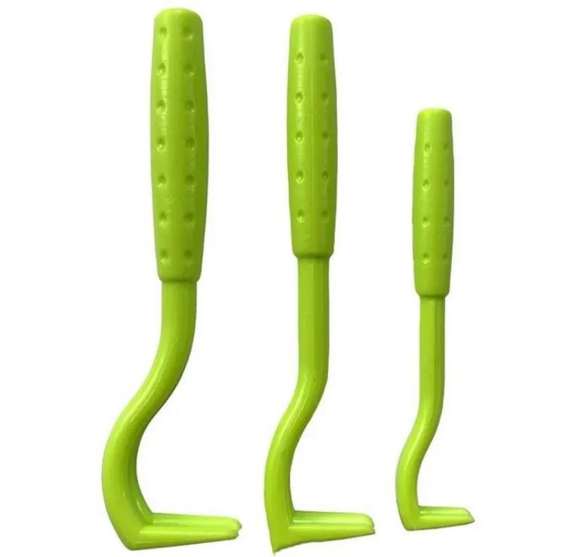 Set of three blue plastic tick removal hooks for pets on a white background.