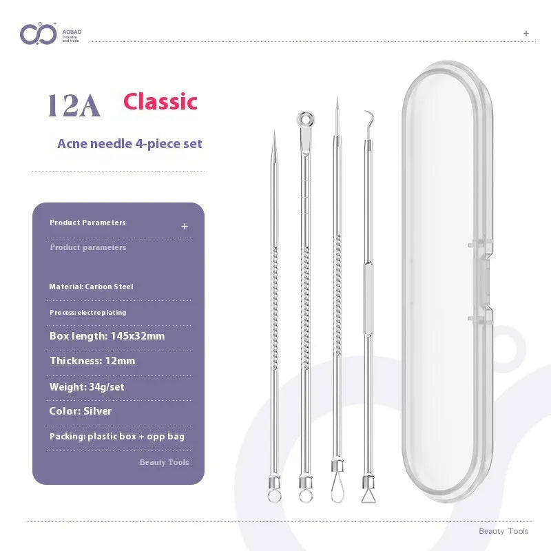 Four metal acne needles with ultra fine pointed tips for blackhead removal and skincare treatment