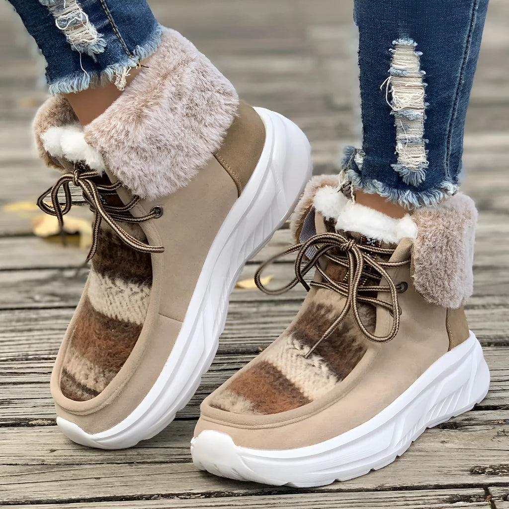 Women's beige lace-up snow boots with fuzzy lining and thick platform soles