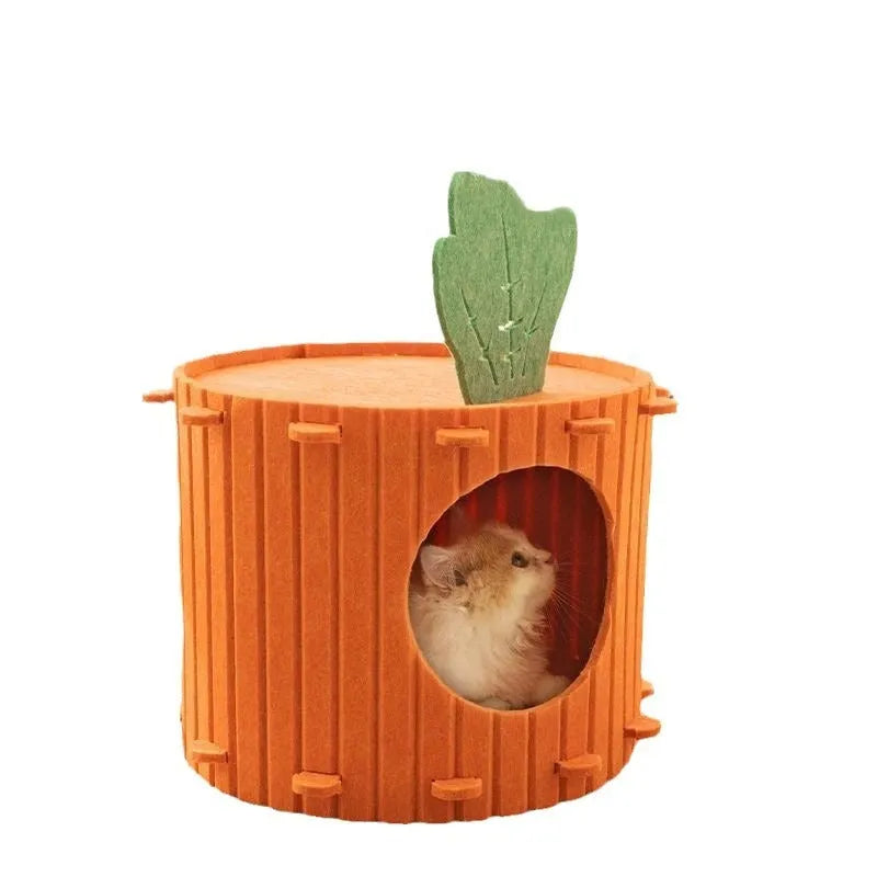 A semi-enclosed felt cat bed with an integrated tunnel, shown in two size options.