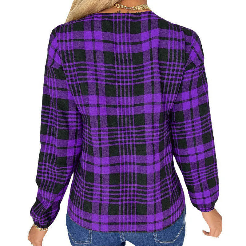 Women's loose fit plaid casual shirt in polyester fabric available in grey, purple or red colours