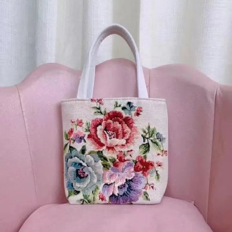 Double-sided gold wire embroidered canvas tote bag with polyester lining in medium size