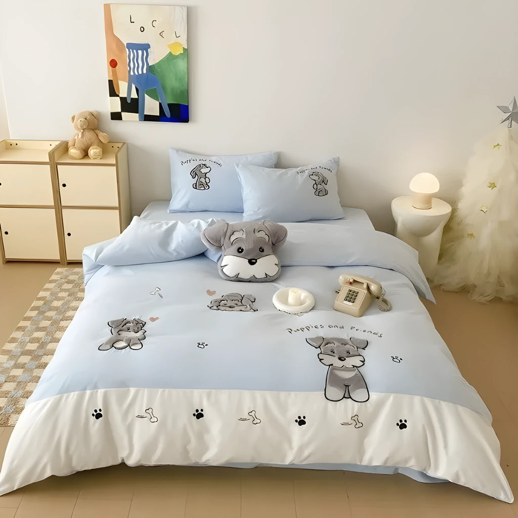 Cartoon Schnauzer bedding set with embroidered patterns showing quilt cover, sheet, and pillowcases