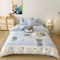 Cartoon Schnauzer bedding set with embroidered patterns showing quilt cover, sheet, and pillowcases