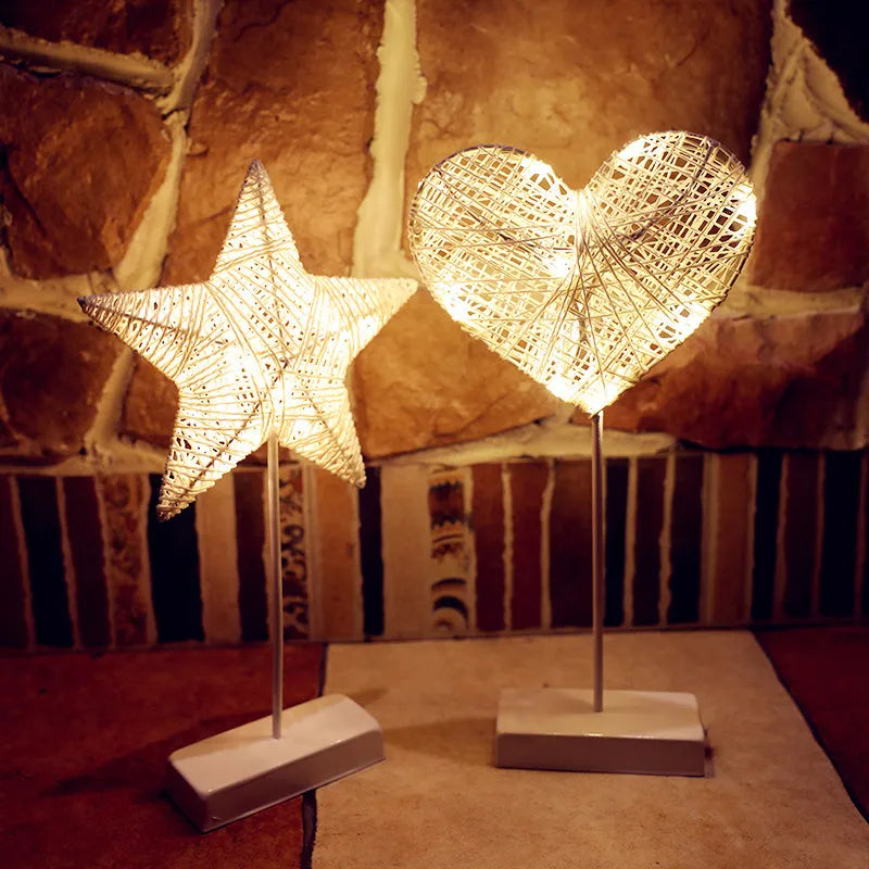 Rattan and PC LED star, heart, and moon shaped battery operated decorative lamps.