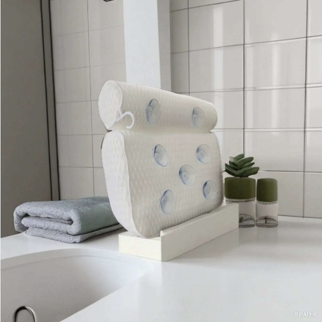 White bathtub pillow with suction cups on a 4D mesh cover.