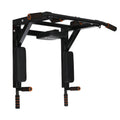 Black steel wall-mounted single parallel bars pull-up rack with integrated sandbag storage