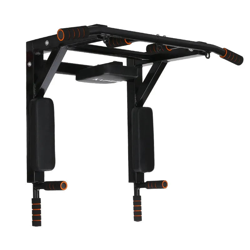 Black steel wall-mounted single parallel bars pull-up rack with integrated sandbag storage