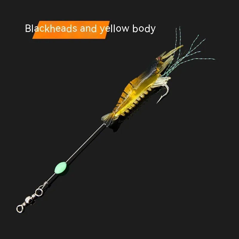Luer soft fishing lure with integrated hook showing colour variations including black head yellow body and luminous options