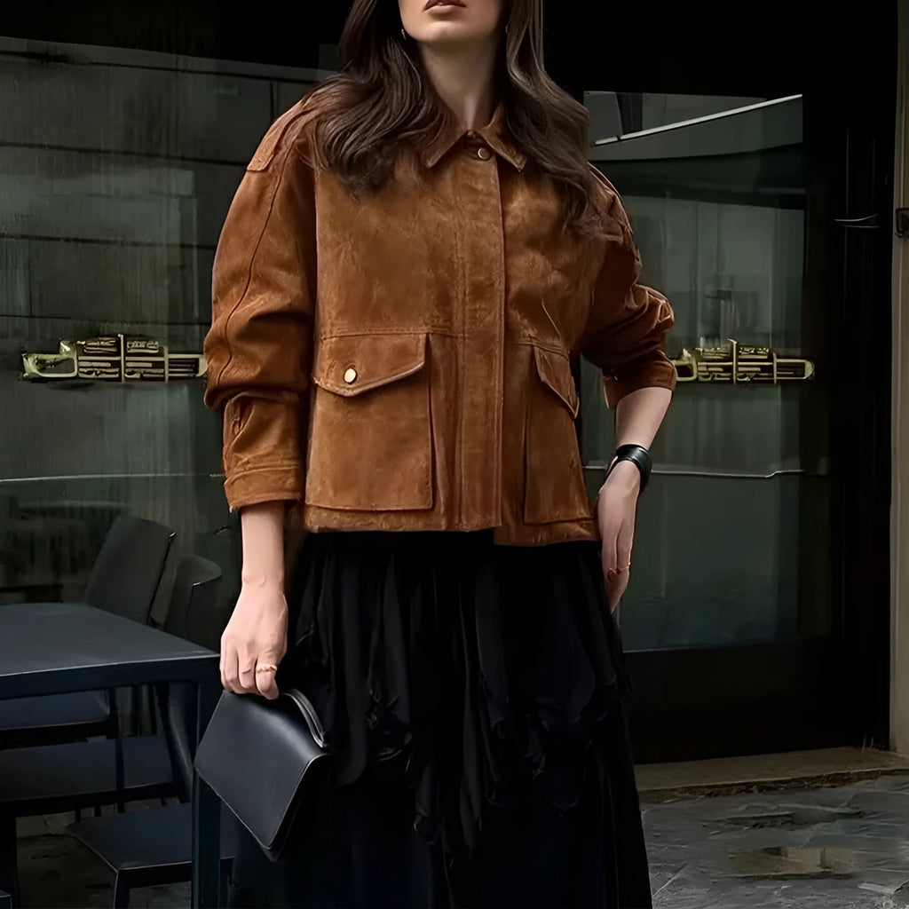 Women's brown suede-style coat with regular sleeves and street chic design