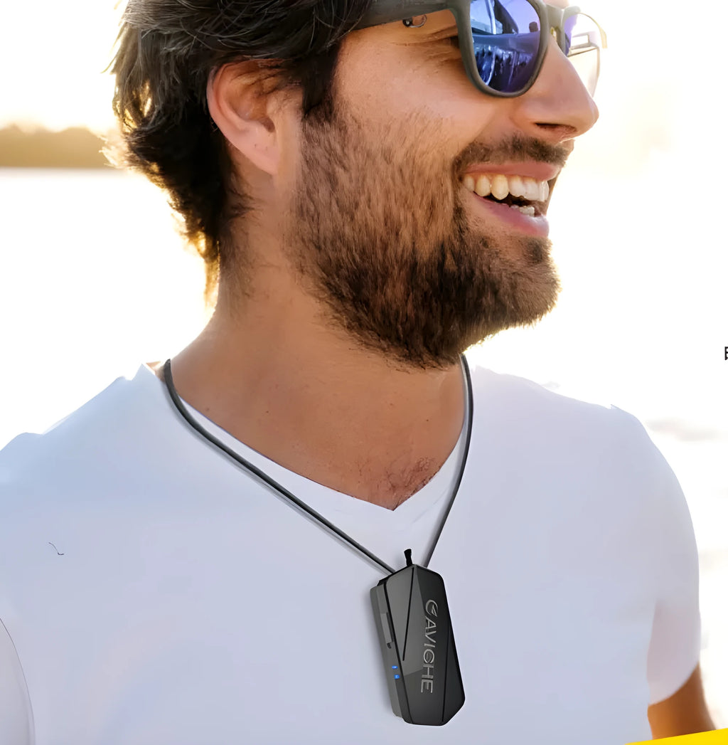 Black personal air purifier necklace with compact 80mm plastic housing and rechargeable battery