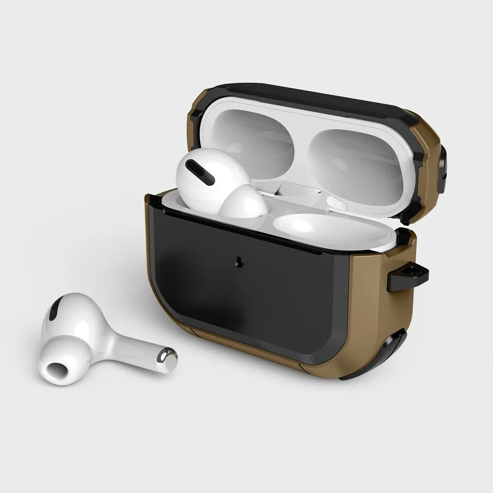 Black TPU and PC protective case for Apple AirPods Pro and AirPods 1/2 models on a white background.
