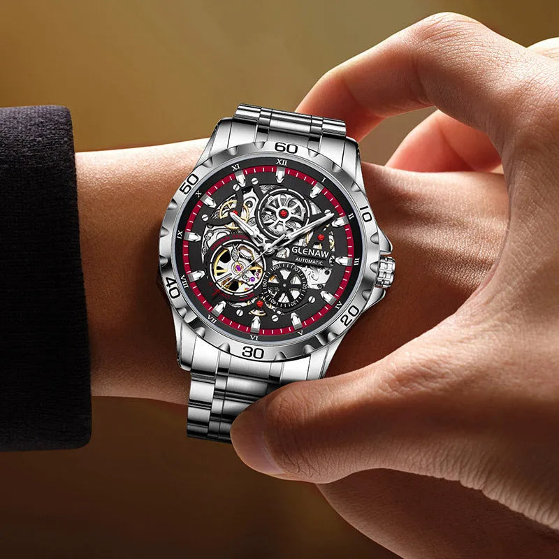 Men's automatic watch with hollow-out design showing mechanical movement and luminous hands