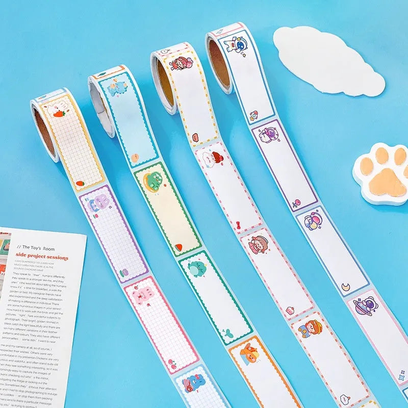 Cartoon tape name stickers in dinosaur, astronaut, rabbit and girl designs with 60 stickers per roll