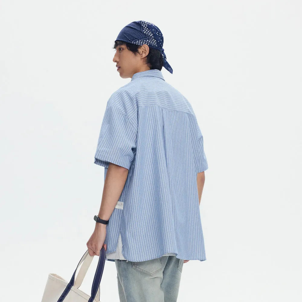 Blue striped short-sleeved overalls shirt in loose cardigan style for men and women