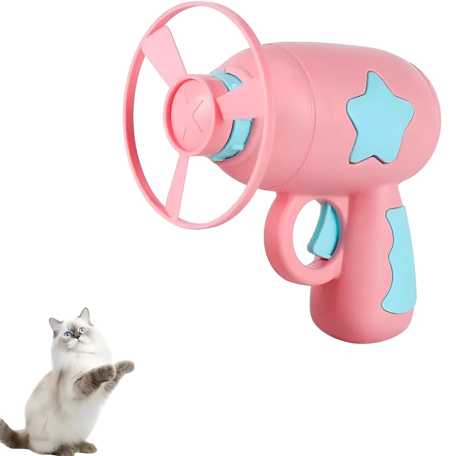 Interactive plastic cat toy gun with frisbee launcher for indoor cats, 11cm size