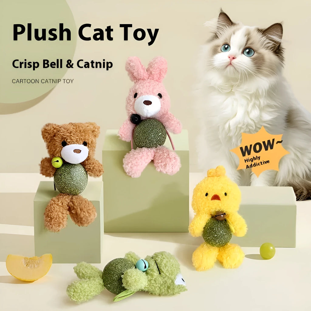 Plush catnip ball toy with mint ball inside and bell, measuring 15cm high, in assorted animal colour designs