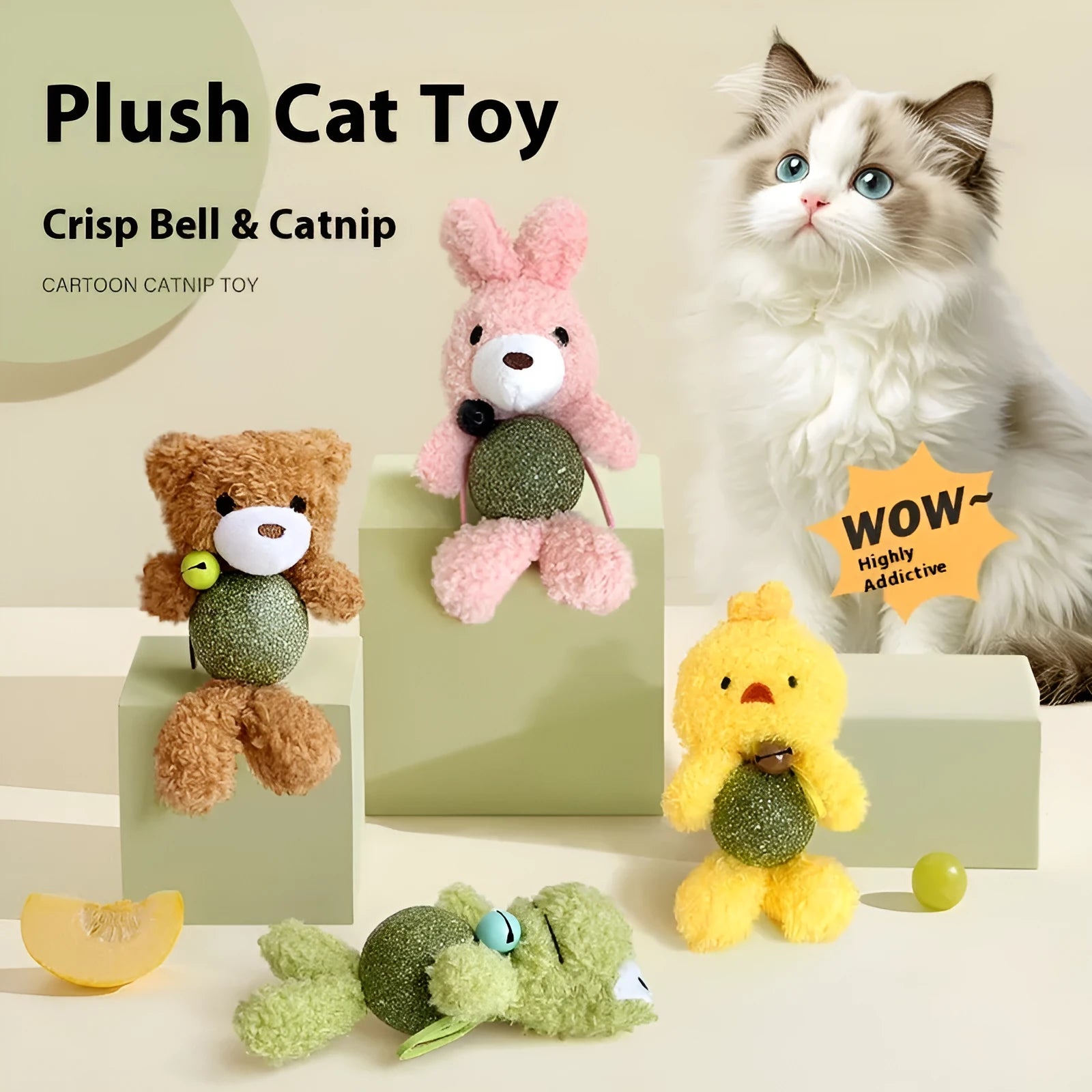 Plush catnip ball toy with mint ball inside and bell, measuring 15cm high, in assorted animal colour designs