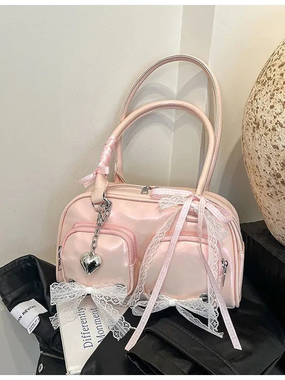 Beige PU shoulder bag with double straps and phone compartment showing structured square shape