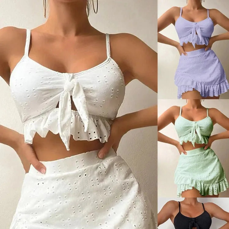 Women's solid colour three-piece bikini set with split hip skirt in multiple colour options