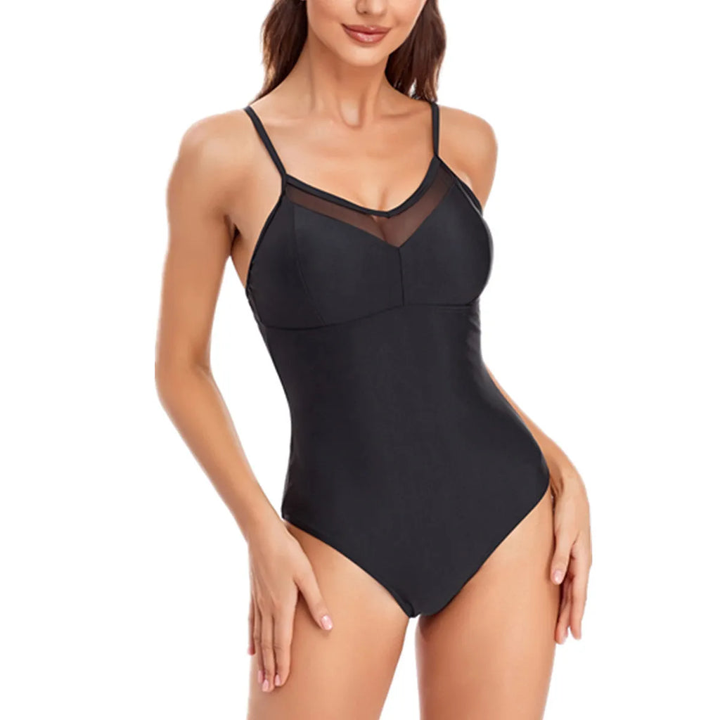 Black backless one-piece ladies swimsuit laid flat, showing solid colour and high elasticity fabric.