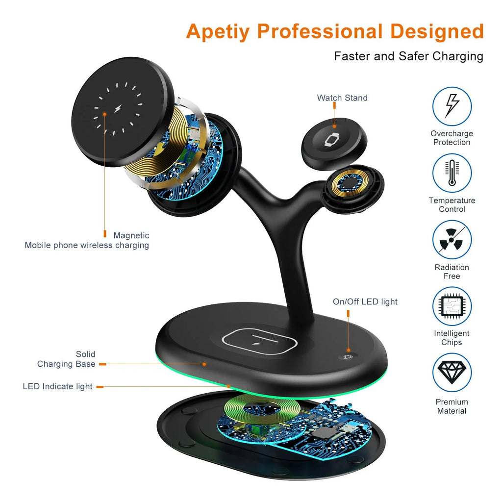 Black three-in-one magnetic wireless charger with ABS plastic construction on desk