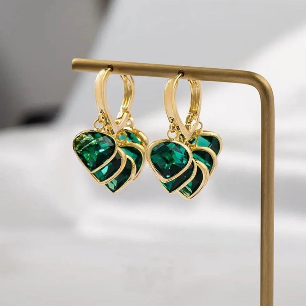Green heart-shaped clip earrings with alloy inlaid gemstone details in Korean style