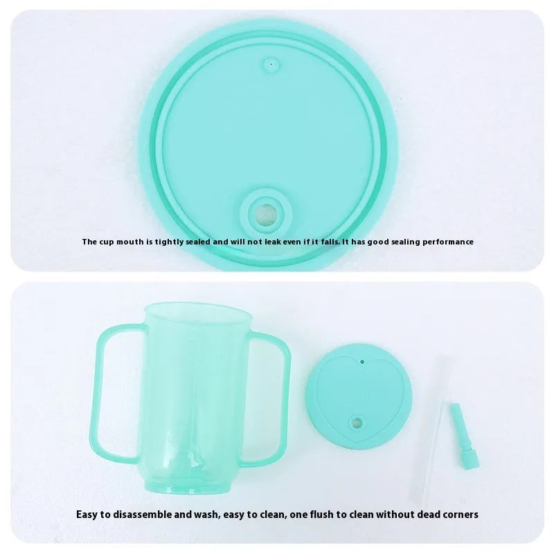 Oblique mouth choke-proof drinking cup for adults with handle and lid, shown with optional wrist splint.
