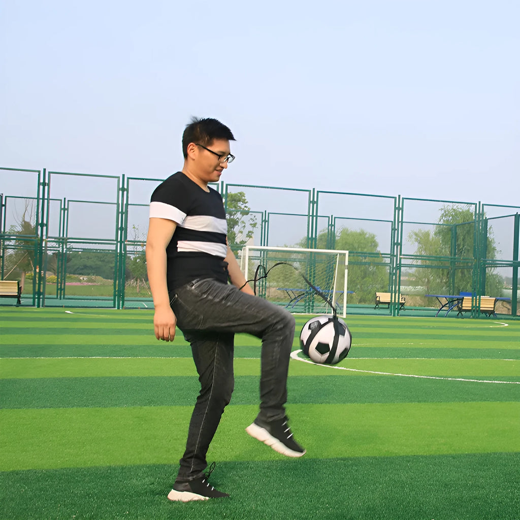 Black football rotating juggling belt with 2 metre rope for training and fitness exercises