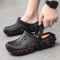 Men's beige EVA hole shoes sandals with hollow out design and round toe on a non-slip sole.