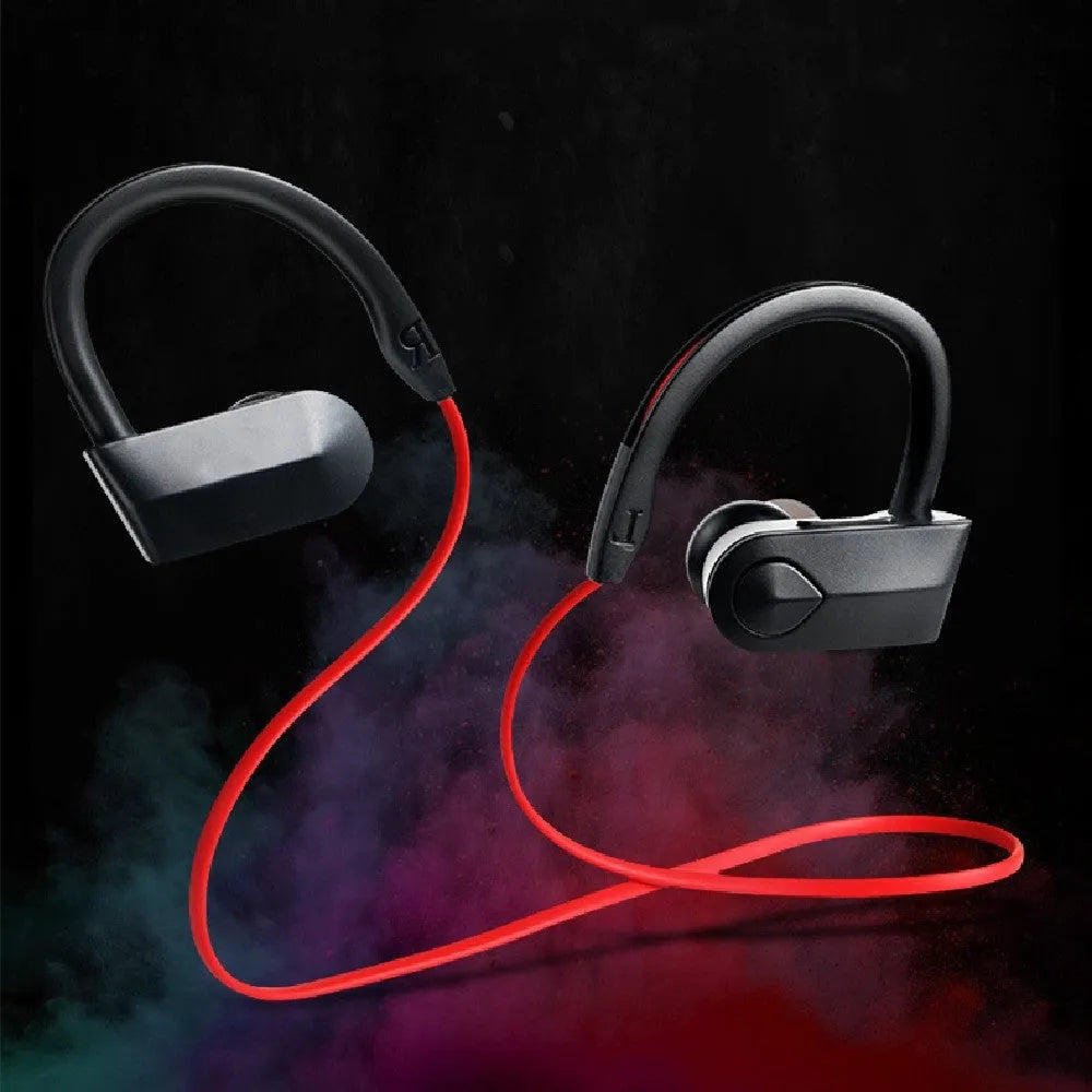 Black wireless neckband Bluetooth earphones with in-ear design and USB charging cable
